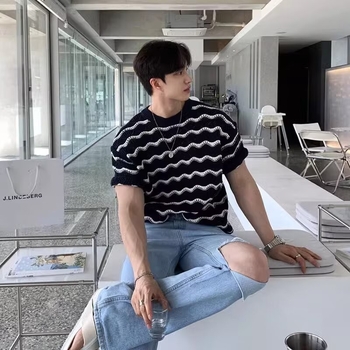 Trendi Márka High-end Sense Férfi Póló Rövid Ujjú Nyári Kerek Nyakú üreges Kötött Jacquard Ing Hullámos Csíkos Lezser Felső