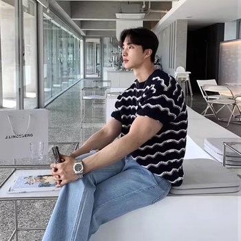 Trendi Márka High-end Sense Férfi Póló Rövid Ujjú Nyári Kerek Nyakú üreges Kötött Jacquard Ing Hullámos Csíkos Lezser Felső