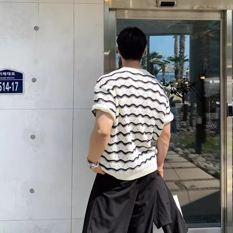 Trendi Márka High-end Sense Férfi Póló Rövid Ujjú Nyári Kerek Nyakú üreges Kötött Jacquard Ing Hullámos Csíkos Lezser Felső