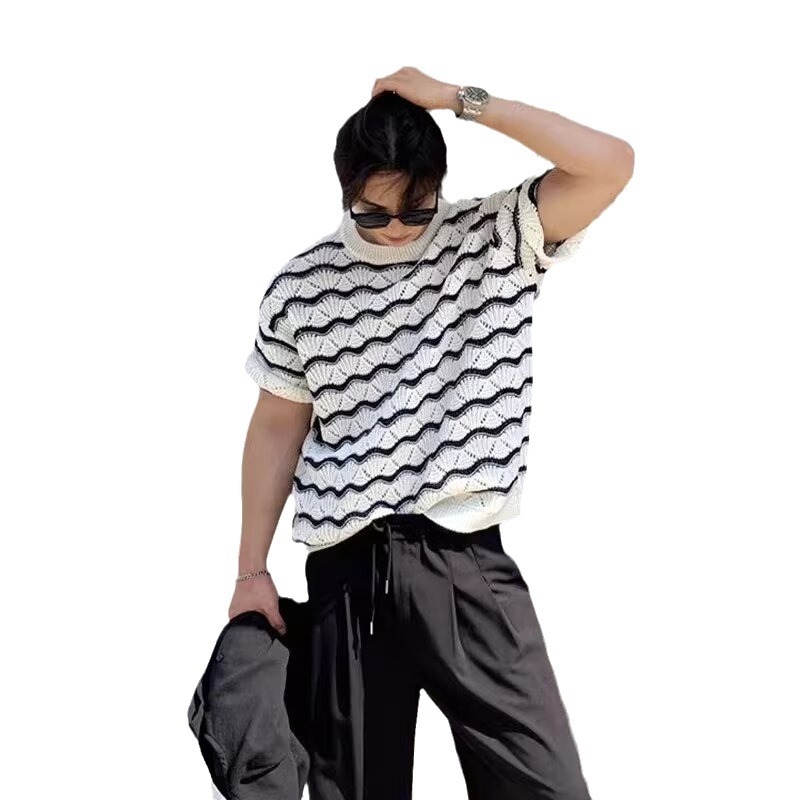 Trendi Márka High-end Sense Férfi Póló Rövid Ujjú Nyári Kerek Nyakú üreges Kötött Jacquard Ing Hullámos Csíkos Lezser Felső