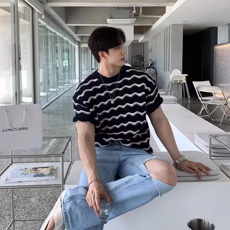 Trendi Márka High-end Sense Férfi Póló Rövid Ujjú Nyári Kerek Nyakú üreges Kötött Jacquard Ing Hullámos Csíkos Lezser Felső