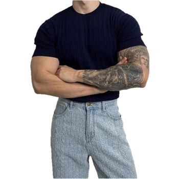 Nyári egyszínű, kerek nyakú, rövid ujjú férfi pulóver, karcsúsított, rugalmas, divatos, mindenhez illő, függőleges csíkos, félujjú póló