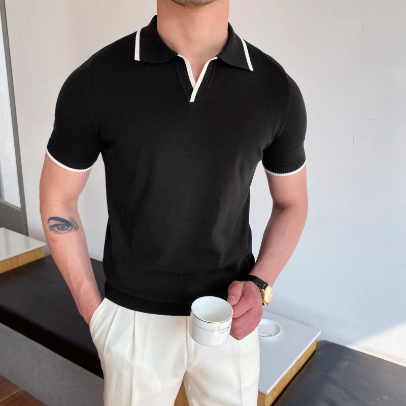 Tricou polo casual cu rever pentru bărbați, tricou de afaceri versatil, subțire, micro-elastic, de vară, respirabil, la modă, tricotat, fără fier, cu mânecă scurtă