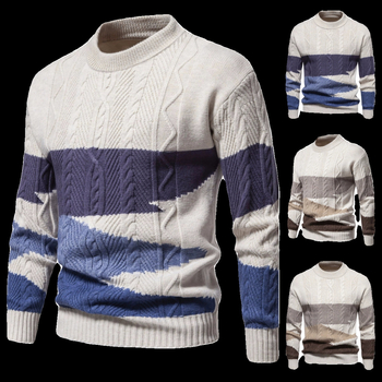 Határokon átnyúló, 2024-es új európai és amerikai férfi színben illő pulóver, divatos aszimmetrikus jacquard kerek nyakú pulóver, hosszú ujjú belső viselet