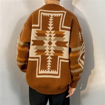 Ameerika retro geomeetrilise mustriga žakaarkampsun meeste laisa moebrändi Ruan Shuai lahtise ümara kaelusega kootud kampsun