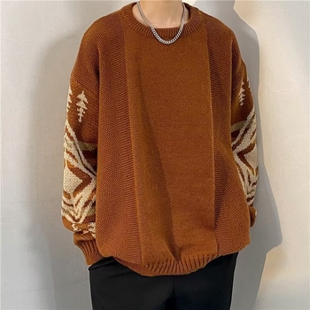 Ameerika retro geomeetrilise mustriga žakaarkampsun meeste laisa moebrändi Ruan Shuai lahtise ümara kaelusega kootud kampsun