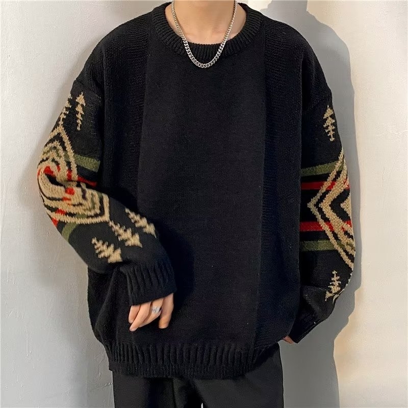 Ameerika retro geomeetrilise mustriga žakaarkampsun meeste laisa moebrändi Ruan Shuai lahtise ümara kaelusega kootud kampsun