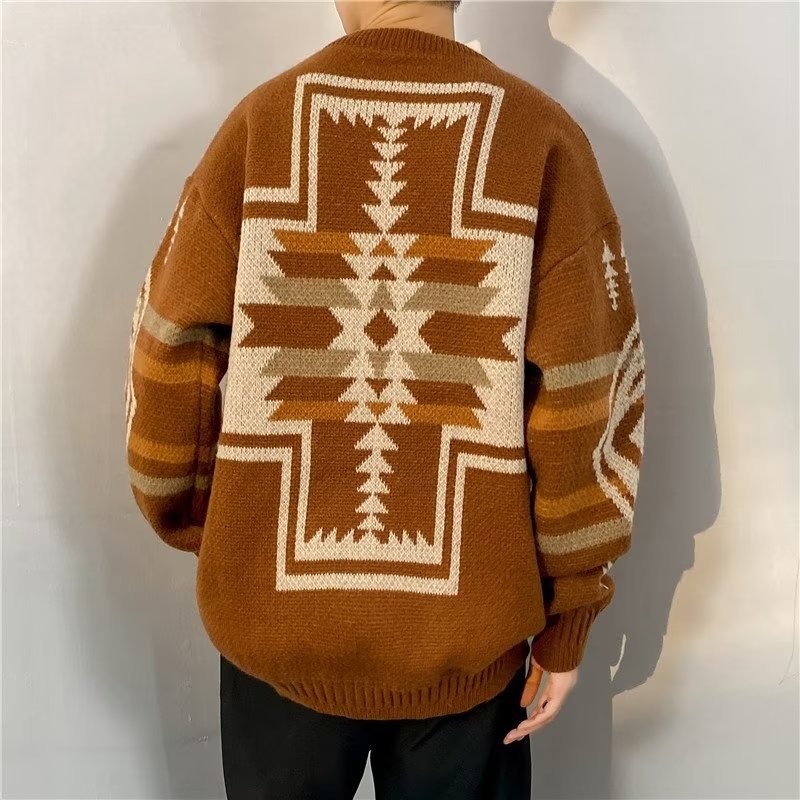 Ameerika retro geomeetrilise mustriga žakaarkampsun meeste laisa moebrändi Ruan Shuai lahtise ümara kaelusega kootud kampsun