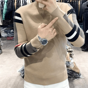 2024 őszi és téli új, csúcskategóriás varrású, színben illő csíkos, hosszú ujjú férfi pulóver, karcsúsított, könnyű luxus pulóver, alaprétegű ing