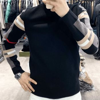 2024 őszi és téli új, csúcskategóriás varrású, színben illő csíkos, hosszú ujjú férfi pulóver, karcsúsított, könnyű luxus pulóver, alaprétegű ing