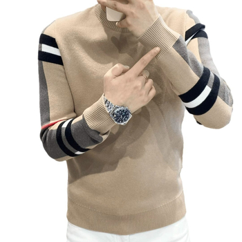 2024 őszi és téli új, csúcskategóriás varrású, színben illő csíkos, hosszú ujjú férfi pulóver, karcsúsított, könnyű luxus pulóver, alaprétegű ing