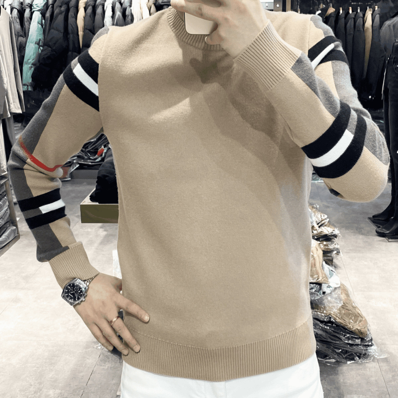 2024 őszi és téli új, csúcskategóriás varrású, színben illő csíkos, hosszú ujjú férfi pulóver, karcsúsított, könnyű luxus pulóver, alaprétegű ing