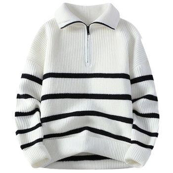 Őszi és téli új, csíkos, hajtókás, félcipzáras férfi pulóver, japán stílusú, laza, ifjúsági, lezser, divatos pulóver
