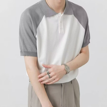 Spalvų blokavimo rašto vyriški polo marškinėliai su reglano raštu, 2024 m. vasaros trumpomis rankovėmis marškinėliai su madingu ir stilingu dizainu