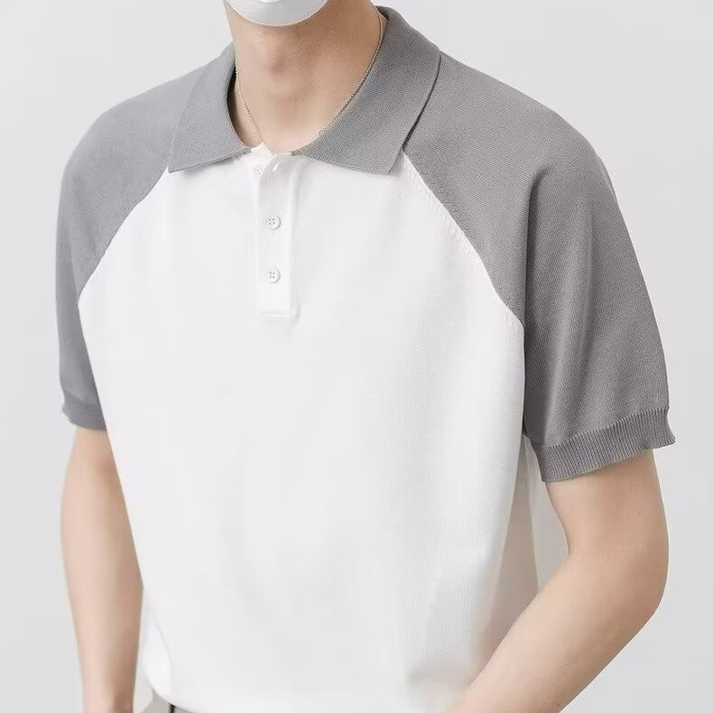 Spalvų blokavimo rašto vyriški polo marškinėliai su reglano raštu, 2024 m. vasaros trumpomis rankovėmis marškinėliai su madingu ir stilingu dizainu