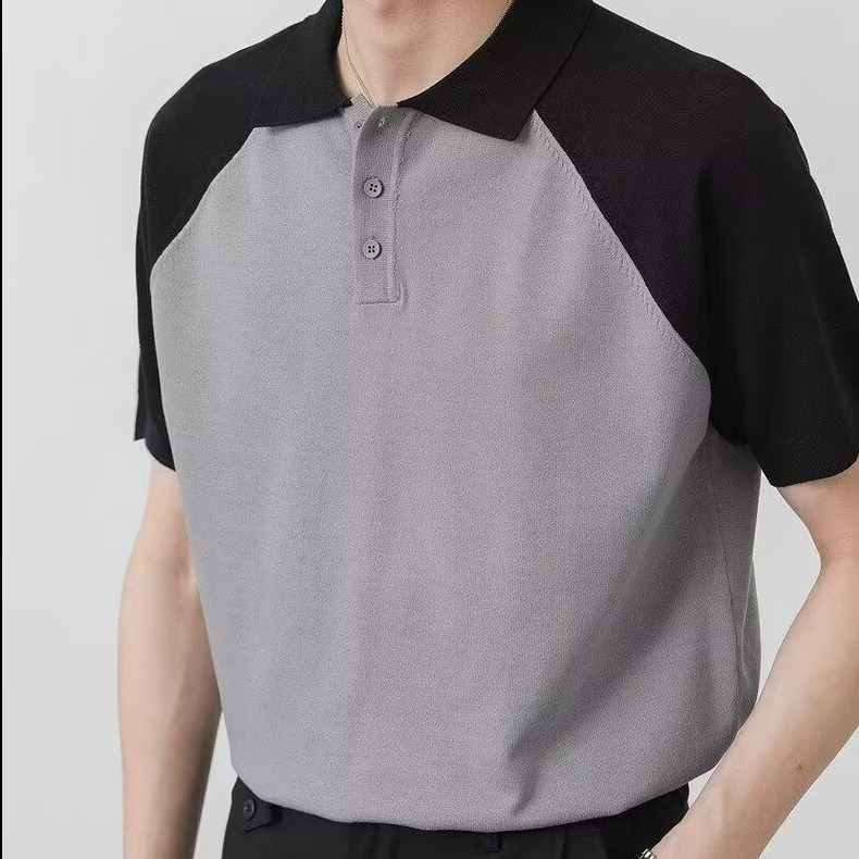 Spalvų blokavimo rašto vyriški polo marškinėliai su reglano raštu, 2024 m. vasaros trumpomis rankovėmis marškinėliai su madingu ir stilingu dizainu