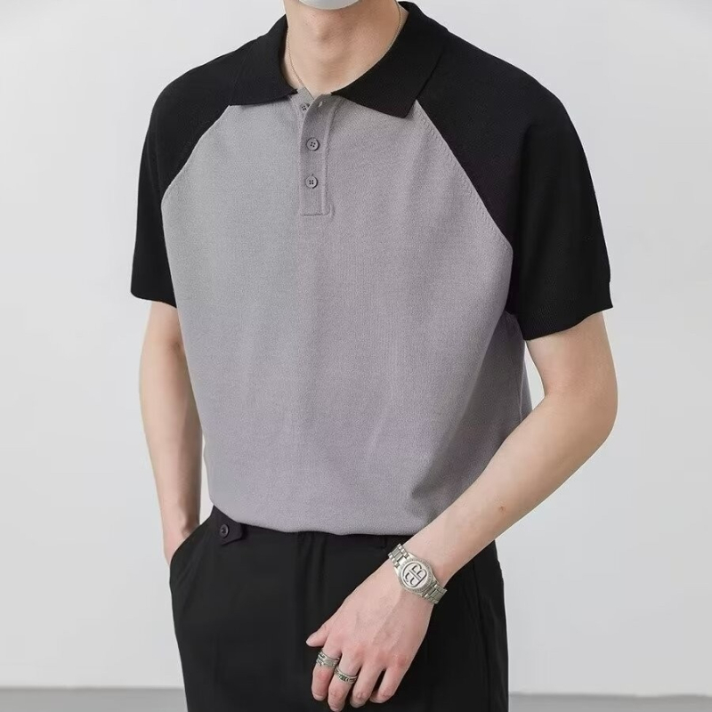 Spalvų blokavimo rašto vyriški polo marškinėliai su reglano raštu, 2024 m. vasaros trumpomis rankovėmis marškinėliai su madingu ir stilingu dizainu