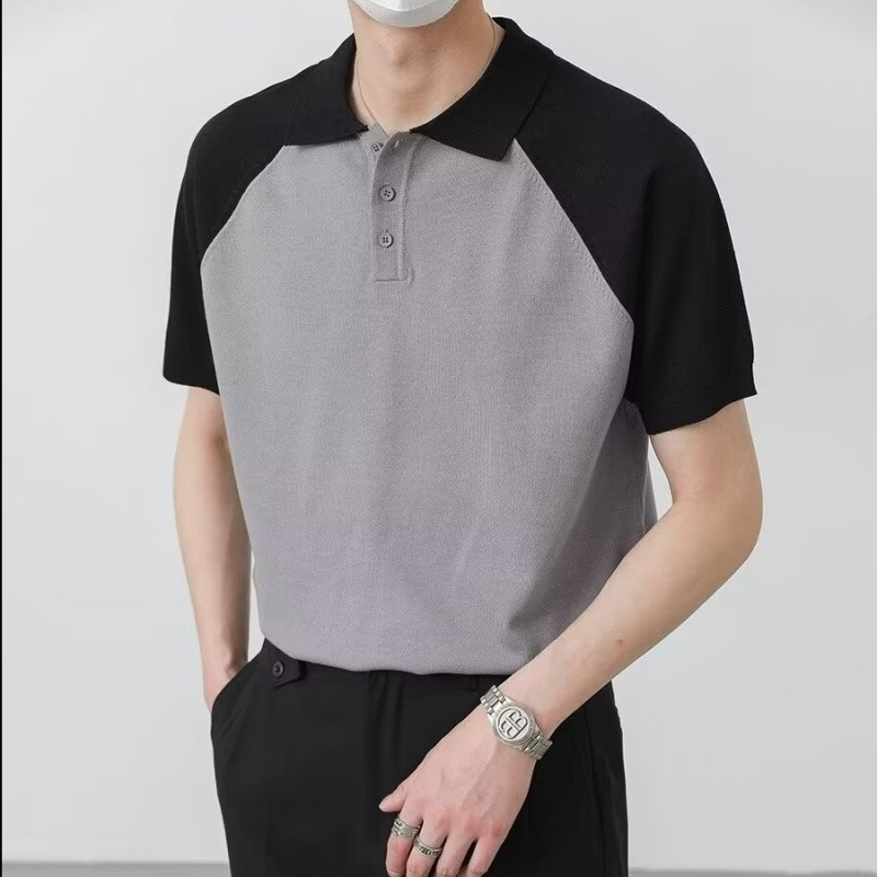 Spalvų blokavimo rašto vyriški polo marškinėliai su reglano raštu, 2024 m. vasaros trumpomis rankovėmis marškinėliai su madingu ir stilingu dizainu