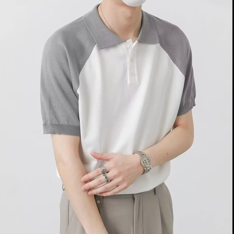 Spalvų blokavimo rašto vyriški polo marškinėliai su reglano raštu, 2024 m. vasaros trumpomis rankovėmis marškinėliai su madingu ir stilingu dizainu