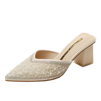 Γυναικεία παπούτσια με κλειστά δάχτυλα, μισής στήριξης, καλοκαιρινά ρούχα του 2023, νέα, μοντέρνα γυναικεία σανδάλια με ψηλοτάκουνα και χοντρό τακούνι με στρας και μυτερό τακούνι