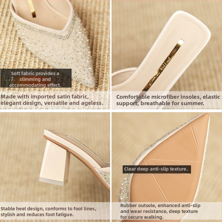 Дамски обувки със затворени пръсти и полуподпора, лятно облекло 2023, нови, с кристали, дебел ток и заострени високи токчета, дамски модни сандали