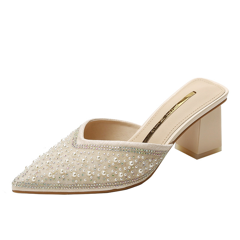 Zárt orrú, félig támasztó cipő, női nyári viselet, 2023-as új, strasszos, tündéri vastag sarok, hegyes sarkú, divatos női szandál.