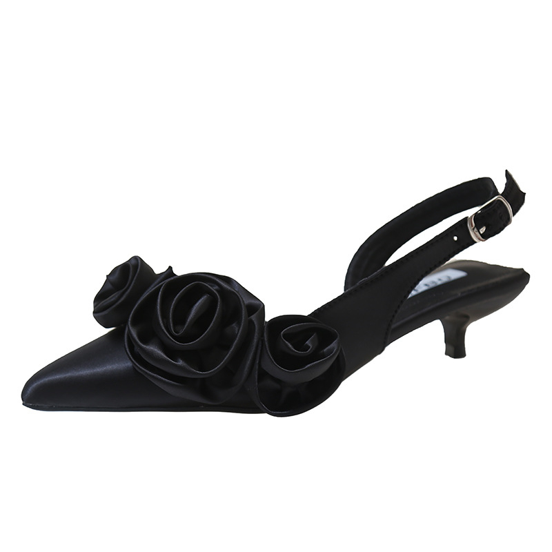 Hegyes, francia virágmintás, fekete orrú szandál, tündércipők, 2024-es új tavaszi és nyári esti hírességek cipői