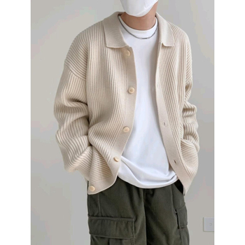 Hongkongi stílusú őszi-téli lezser semleges stílusú vastagított férfi pulóver, egyszínű, laza, csinos, lusta stílusú kötött kardigán