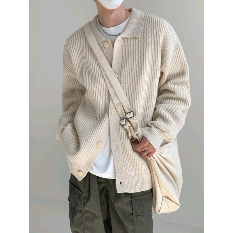 Hongkongi stílusú őszi-téli lezser semleges stílusú vastagított férfi pulóver, egyszínű, laza, csinos, lusta stílusú kötött kardigán