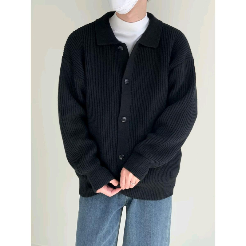 Hongkongi stílusú őszi-téli lezser semleges stílusú vastagított férfi pulóver, egyszínű, laza, csinos, lusta stílusú kötött kardigán