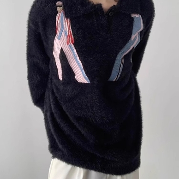 Hajtókás, kiváló minőségű hímzett, nercpolár utánzatú pulóver, férfi őszi és téli, vastagított, lusta stílusú, négyzet alakú galléros pulóverfelső