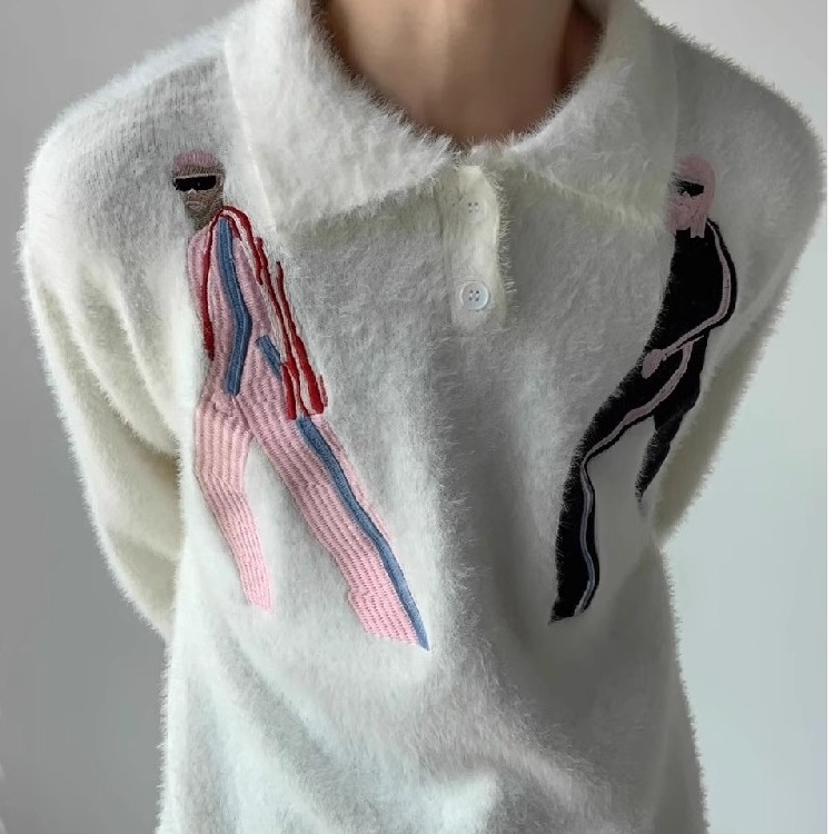 Hajtókás, kiváló minőségű hímzett, nercpolár utánzatú pulóver, férfi őszi és téli, vastagított, lusta stílusú, négyzet alakú galléros pulóverfelső