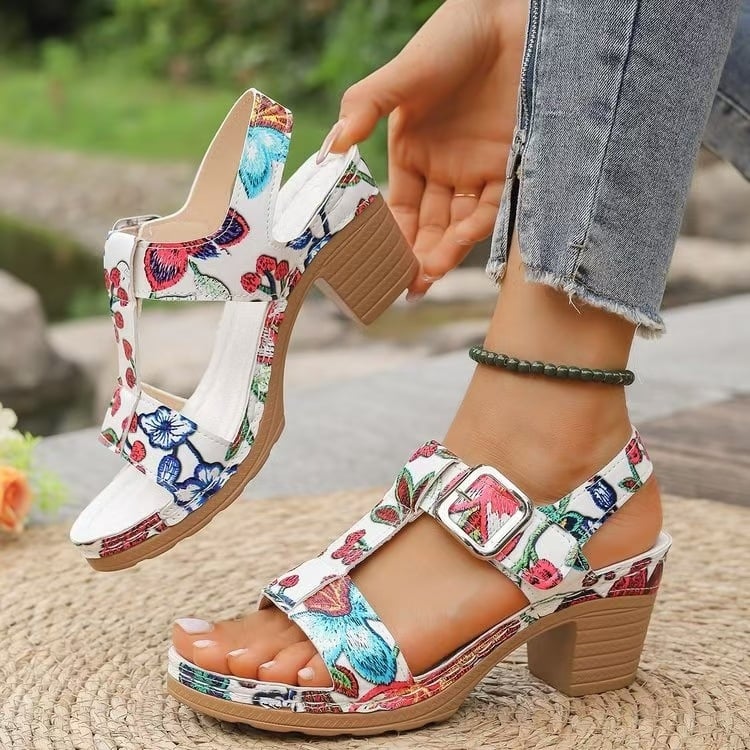 Vintage sieviešu sandales ar biezu papēdi, 2024. gada ārējās tirdzniecības, jaunas, Velcro apdrukas, zivs mutes, plus izmēra augstpapēžu sandales. Sandal