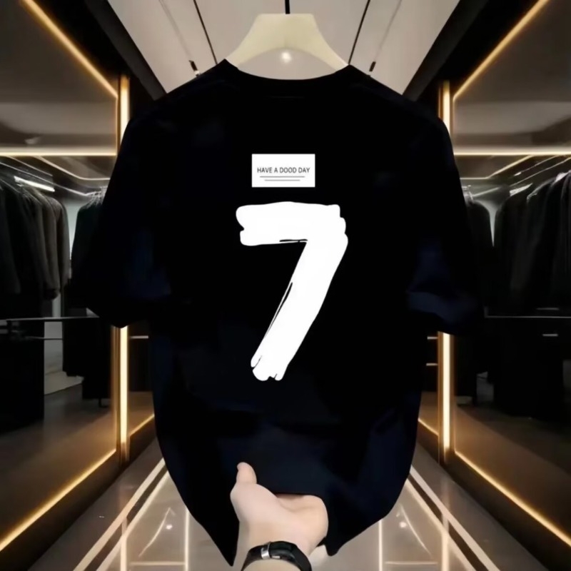 Vastag pamut, amerikai stílusú, divatos, márkás, 7-es mintás, rövid ujjú, férfi nyári, kerek nyakú, jellegzetes, minden mérkőzésre alkalmas, jóképű felső