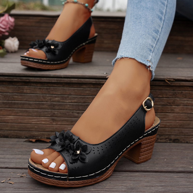 Határokon átnyúló külkereskedelem, plus size virágmintás magas sarkú szandálok és papucsok, női 2025 nyári új európai és amerikai divatos hétköznapi szandálok és papucsok, női