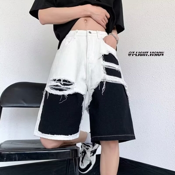 Suvised mustvalged õmblustega rebitud teksariidest lühikesed püksid, lahtised sirged, High Streeti mandariini pardilõikega püksid, poolpikkused püksid, trendikas bränd