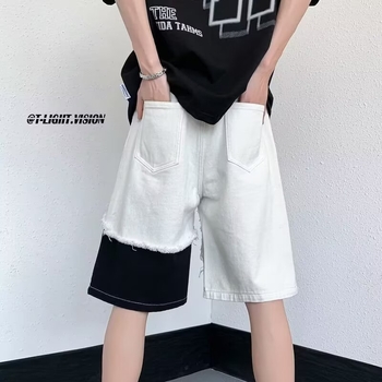 Suvised mustvalged õmblustega rebitud teksariidest lühikesed püksid, lahtised sirged, High Streeti mandariini pardilõikega püksid, poolpikkused püksid, trendikas bränd