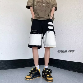 Suvised mustvalged õmblustega rebitud teksariidest lühikesed püksid, lahtised sirged, High Streeti mandariini pardilõikega püksid, poolpikkused püksid, trendikas bränd