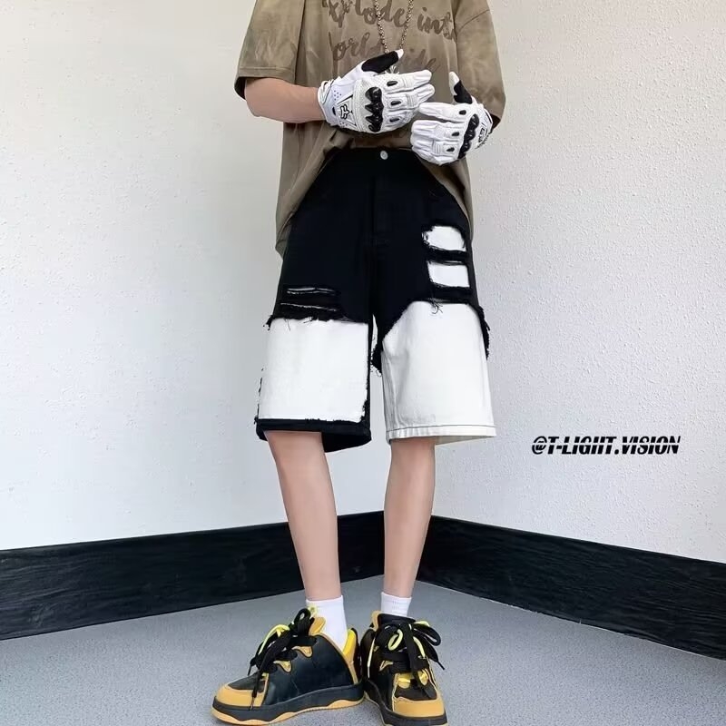 Suvised mustvalged õmblustega rebitud teksariidest lühikesed püksid, lahtised sirged, High Streeti mandariini pardilõikega püksid, poolpikkused püksid, trendikas bränd