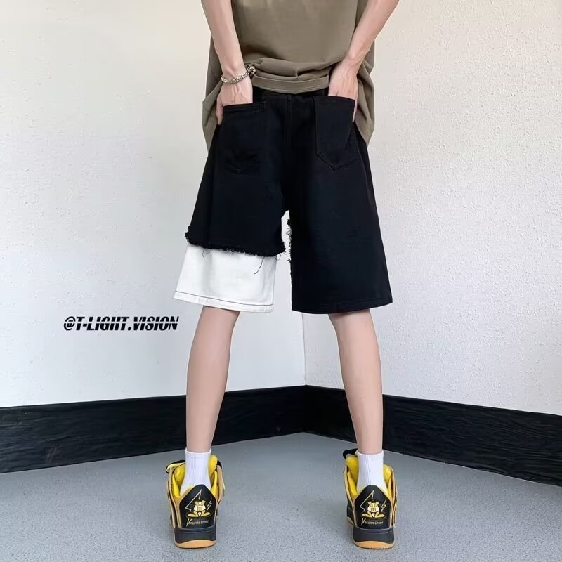 Suvised mustvalged õmblustega rebitud teksariidest lühikesed püksid, lahtised sirged, High Streeti mandariini pardilõikega püksid, poolpikkused püksid, trendikas bränd