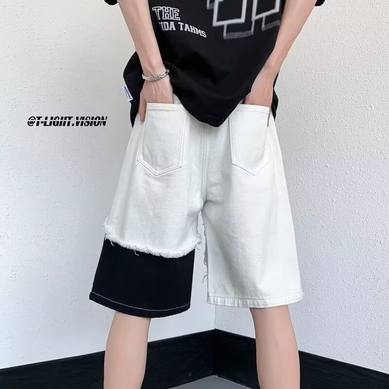 Suvised mustvalged õmblustega rebitud teksariidest lühikesed püksid, lahtised sirged, High Streeti mandariini pardilõikega püksid, poolpikkused püksid, trendikas bränd