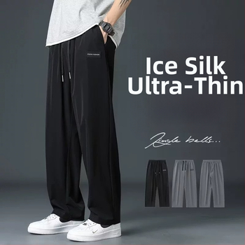 Lezser jég selyem egyenes szárú férfi nadrág, vékony, gyorsan száradó sportnadrág, laza tavaszi és őszi férfi egyenes szárú nadrág