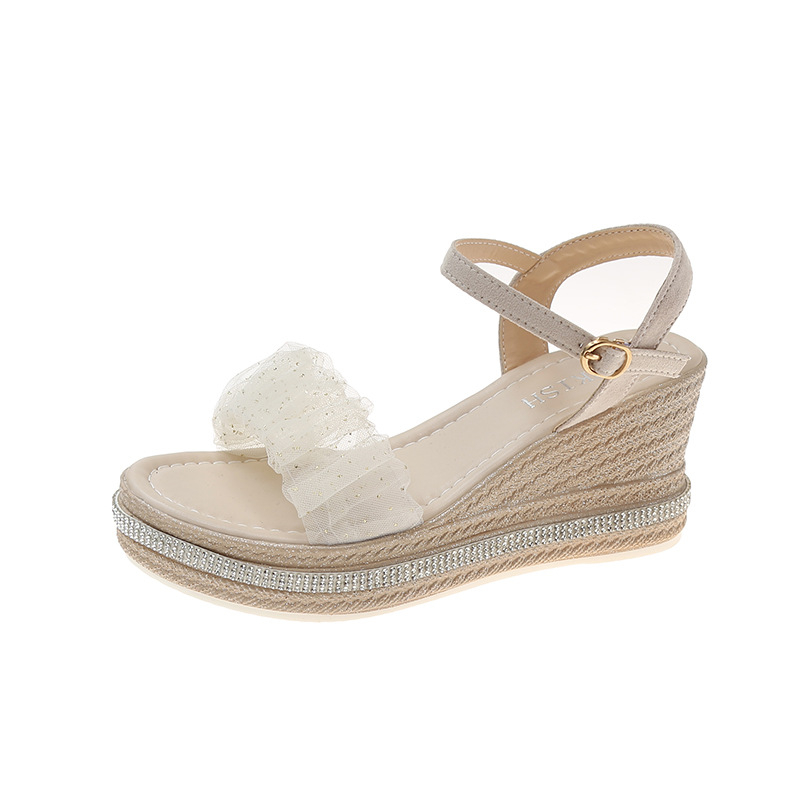 Ékszandálok Női, Népszerű Nyári Új Koreai Stílusú Magassarkú, Vastag Talpú, Strasszos Hálós, Egy Szavas Csatos Platform Cipő Női, Kerek Orrú