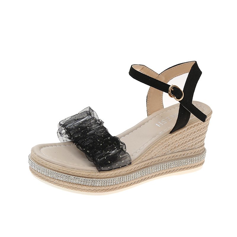 Ékszandálok Női, Népszerű Nyári Új Koreai Stílusú Magassarkú, Vastag Talpú, Strasszos Hálós, Egy Szavas Csatos Platform Cipő Női, Kerek Orrú