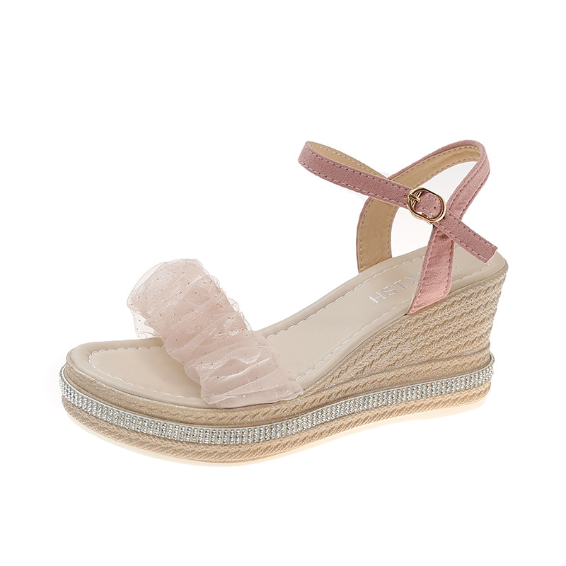 Ékszandálok Női, Népszerű Nyári Új Koreai Stílusú Magassarkú, Vastag Talpú, Strasszos Hálós, Egy Szavas Csatos Platform Cipő Női, Kerek Orrú