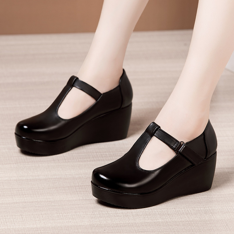 Puha bőr, puha talpú, kerek fejű, platformos, vastag talpú, vízálló, egyrétegű cipő, női nagy méretű, csúszásmentes, kényelmes, középkorú és idős éksarkú cipő anyukáknak