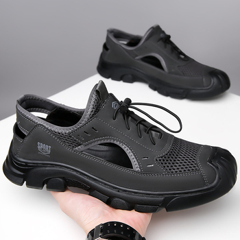 Gyártói nagykereskedelmi, 2025-ös nyári, új, valódi bőr férfi zárt orrú szandál lélegző hálóval, vastag talppal és kényelmes férficipővel