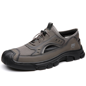 Gyártói nagykereskedelmi, 2025-ös nyári, új, valódi bőr férfi zárt orrú szandál lélegző hálóval, vastag talppal és kényelmes férficipővel