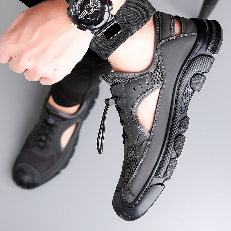 Gyártói nagykereskedelmi, 2025-ös nyári, új, valódi bőr férfi zárt orrú szandál lélegző hálóval, vastag talppal és kényelmes férficipővel