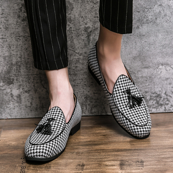 Διασυνοριακή μόδα βρετανικού στιλ δερμάτινα παπούτσια με φούντες, ανδρικά μοκασίνια Houndstooth, κορεάτικου στιλ, μεγάλα μεγέθη, Lazy Shoes